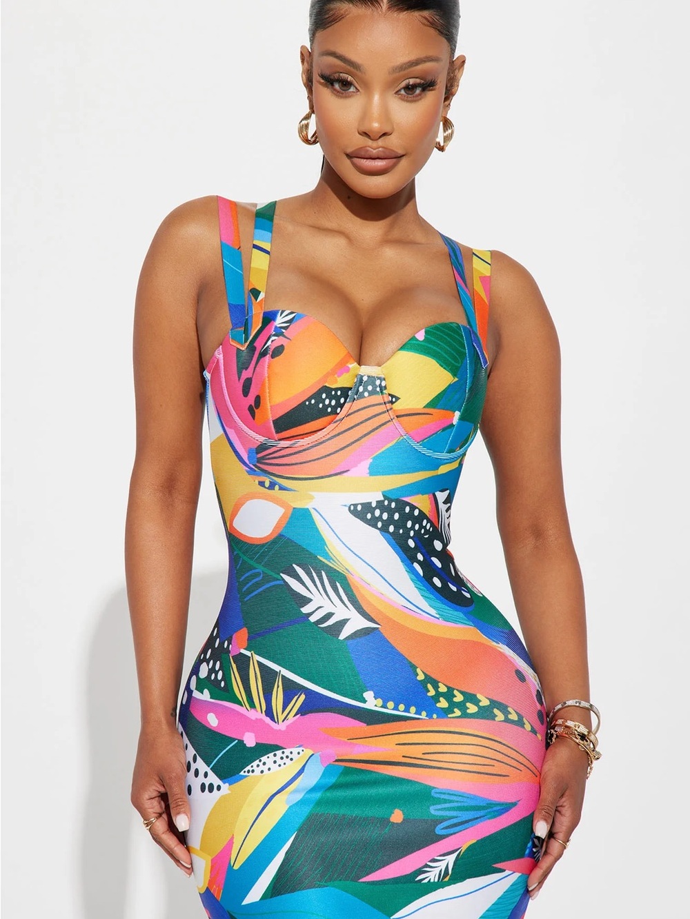 Bright Multicolor Bodycon Midi Dress - Sleeveless